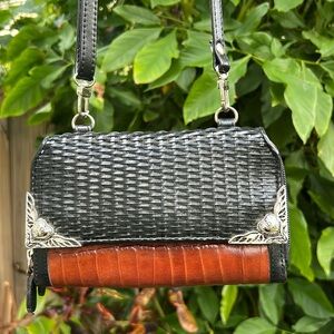 Vintage M.C. brown croc print with black trim leather crossbody wallet bag